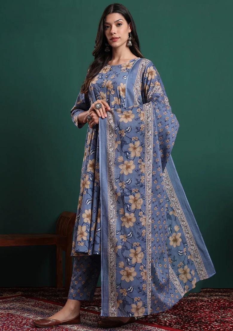 Blue Printed Cotton Kurta Dupatta Set - Indya