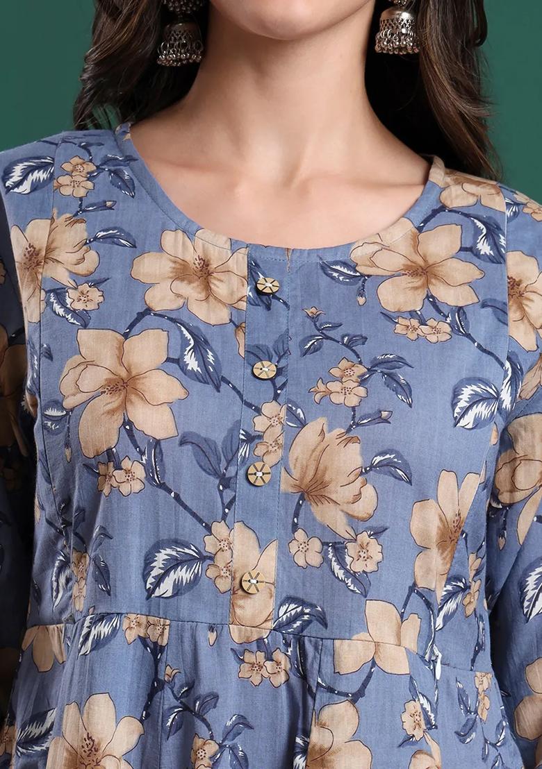 Blue Printed Cotton Kurta Dupatta Set - Indya