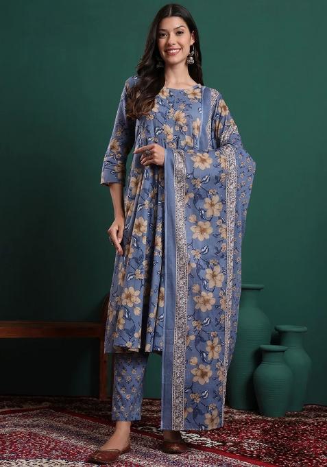 Blue Printed Cotton Kurta Dupatta Set