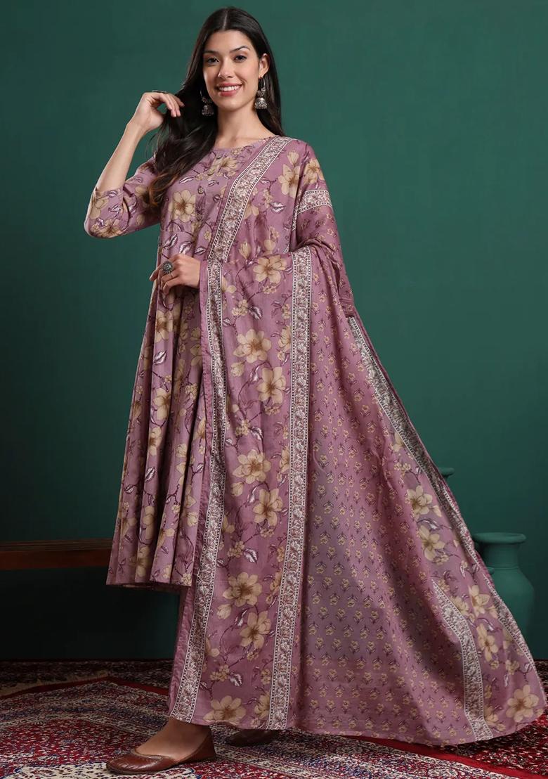 Lavender Printed Cotton Kurta Dupatta Set - Indya