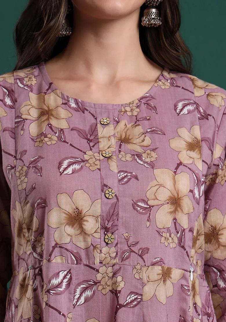 Lavender Printed Cotton Kurta Dupatta Set - Indya