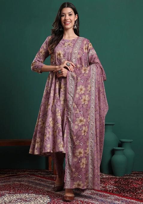 Lavender Printed Cotton Kurta Dupatta Set