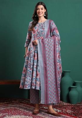 Grey Printed Cotton Kurta Dupatta Set