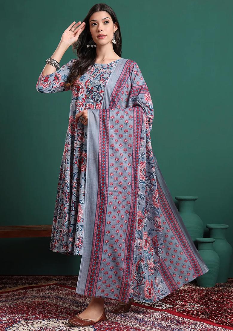 Grey Printed Cotton Kurta Dupatta Set - Indya