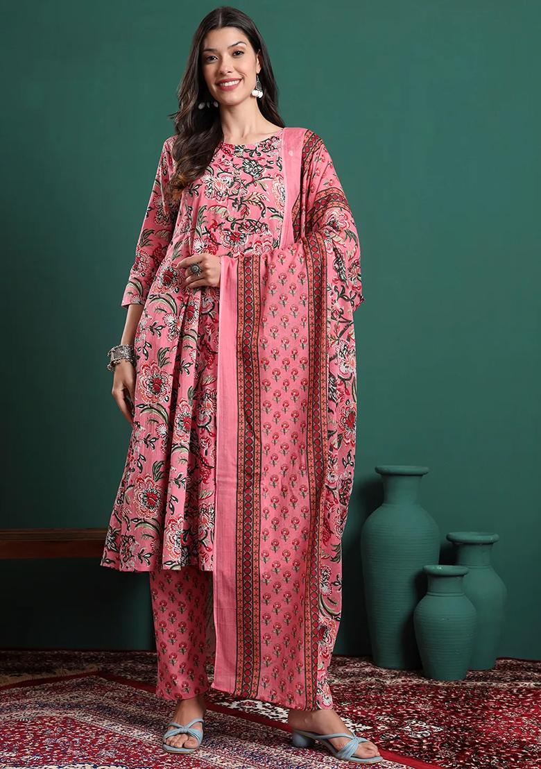 Pink Printed Cotton Kurta Dupatta Set - Indya