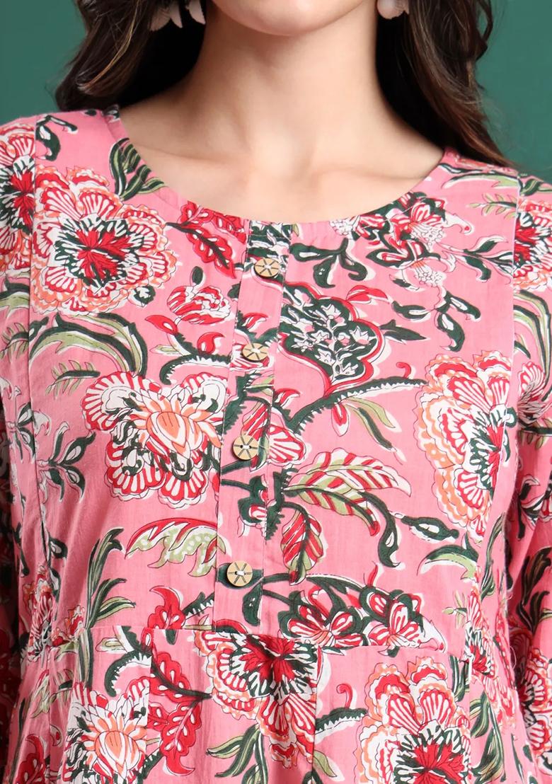 Pink Printed Cotton Kurta Dupatta Set - Indya