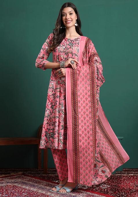 Pink Printed Cotton Kurta Dupatta Set