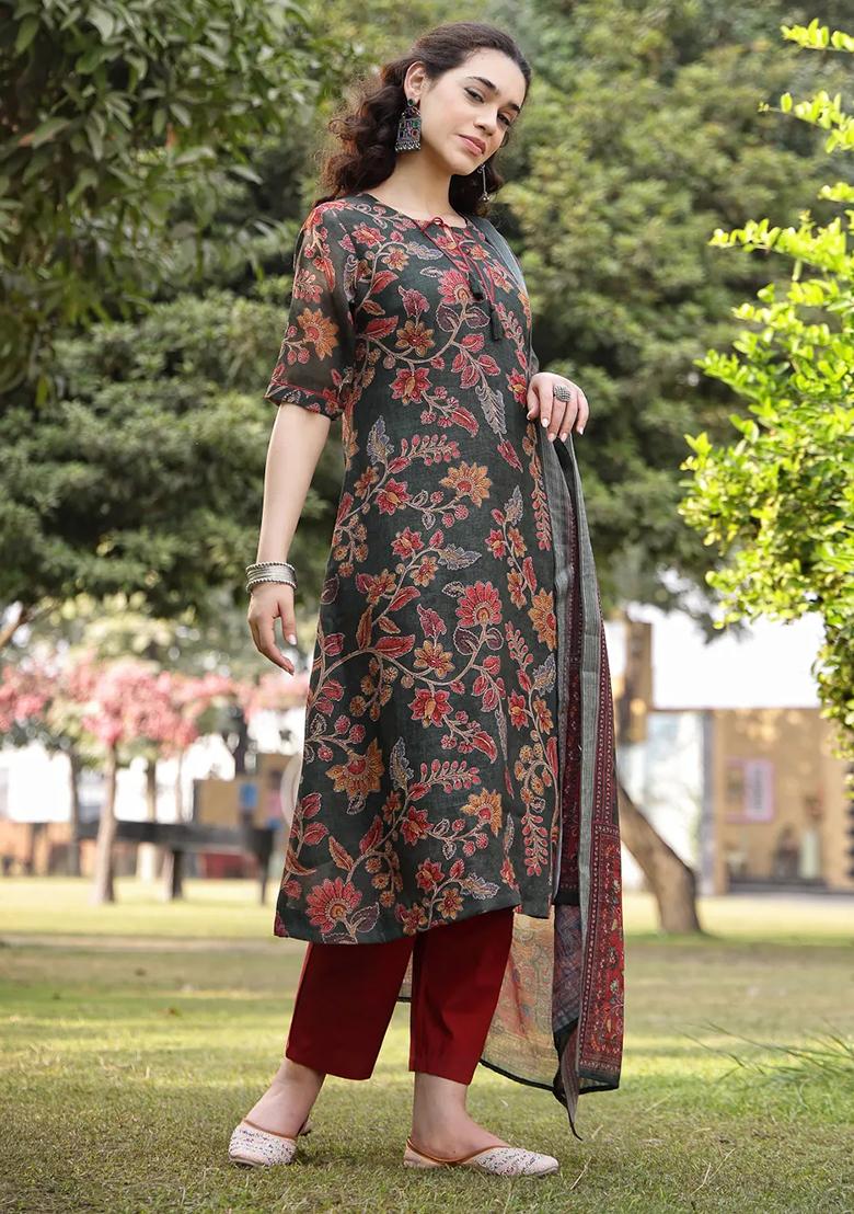 Green Motif Linen Kurta Dupatta Set - Indya