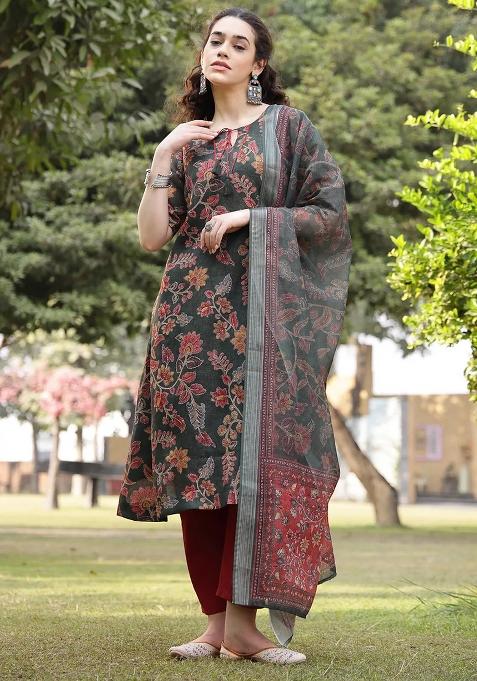 Green Motif Linen Kurta Dupatta Set