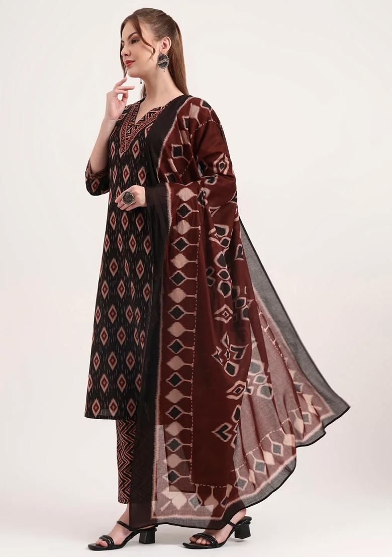 Black Printed Cotton Kurta Dupatta Set - Indya