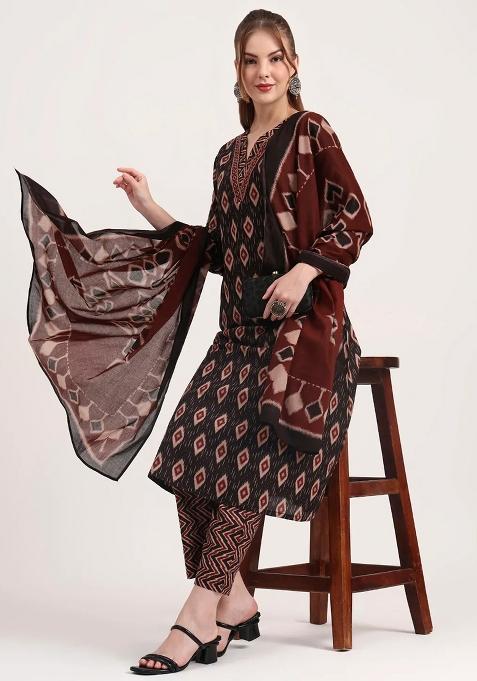 Black Printed Cotton Kurta Dupatta Set