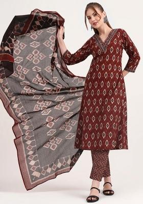 Maroon Printed Cotton Kurta Dupatta Set