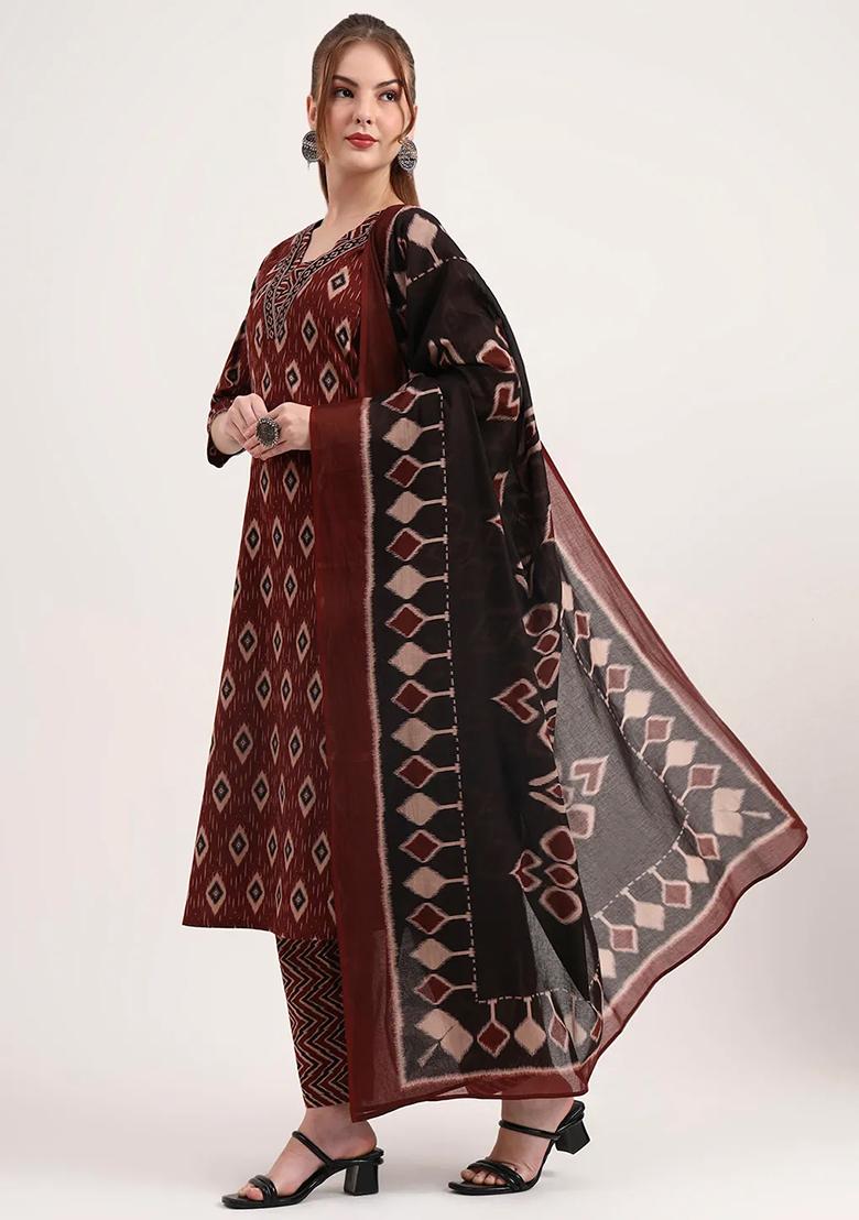 Maroon Printed Cotton Kurta Dupatta Set - Indya