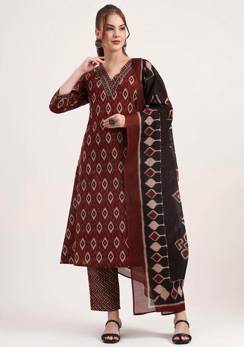 Maroon Printed Cotton Kurta Dupatta Set - Indya