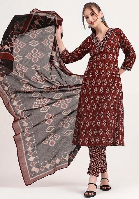 Maroon Printed Cotton Kurta Dupatta Set