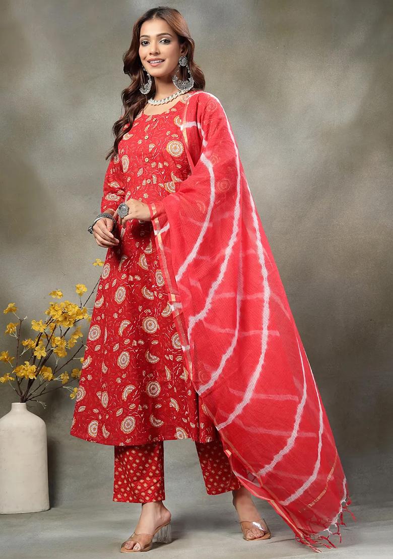 Red Motif Cotton Kurta Dupatta Set - Indya