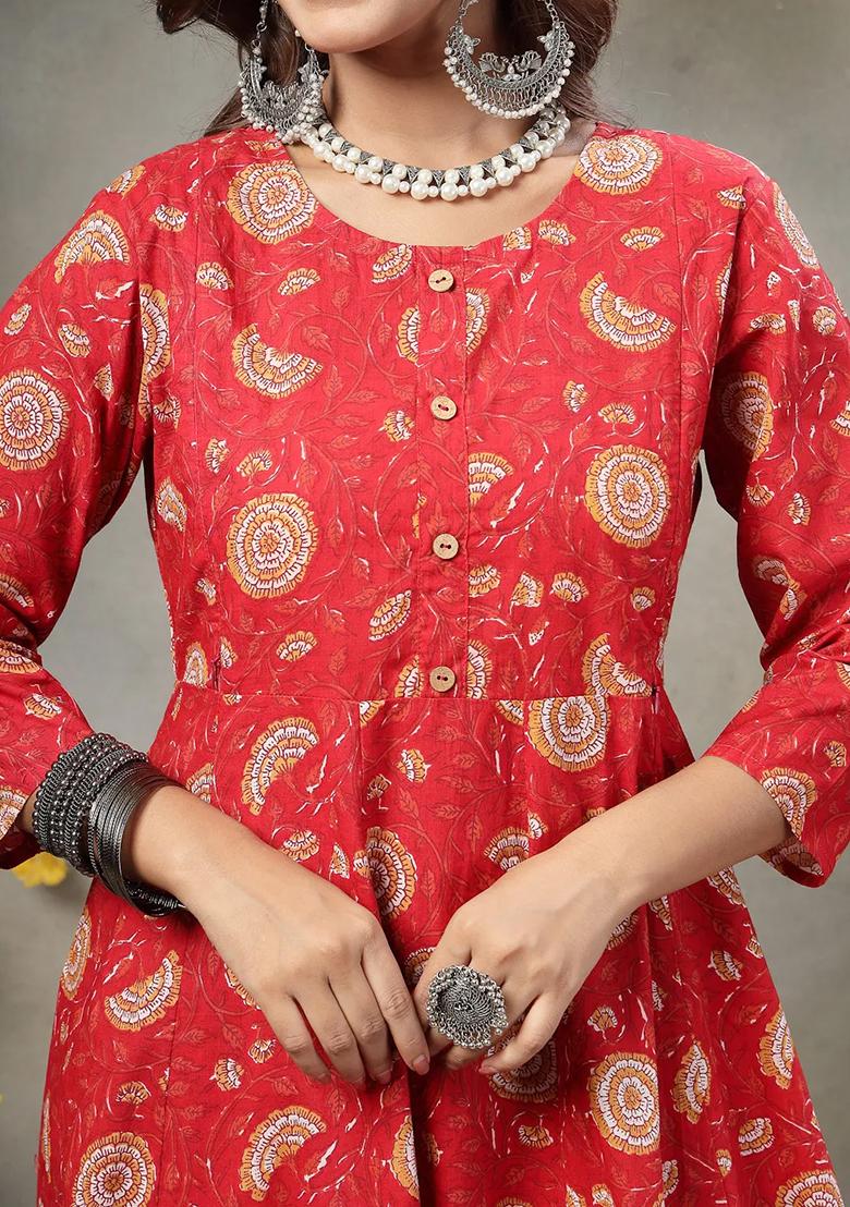 Red Motif Cotton Kurta Dupatta Set - Indya