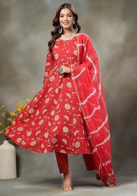 Red Motif Cotton Kurta Dupatta Set