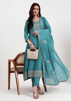 Turquoise Blue Motif Silk Blend Kurta Dupatta Set