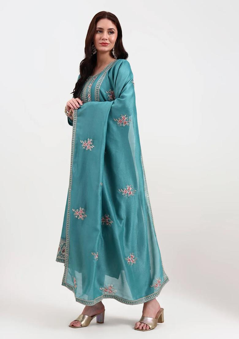 Turquoise Blue Motif Silk Blend Kurta Dupatta Set - Indya