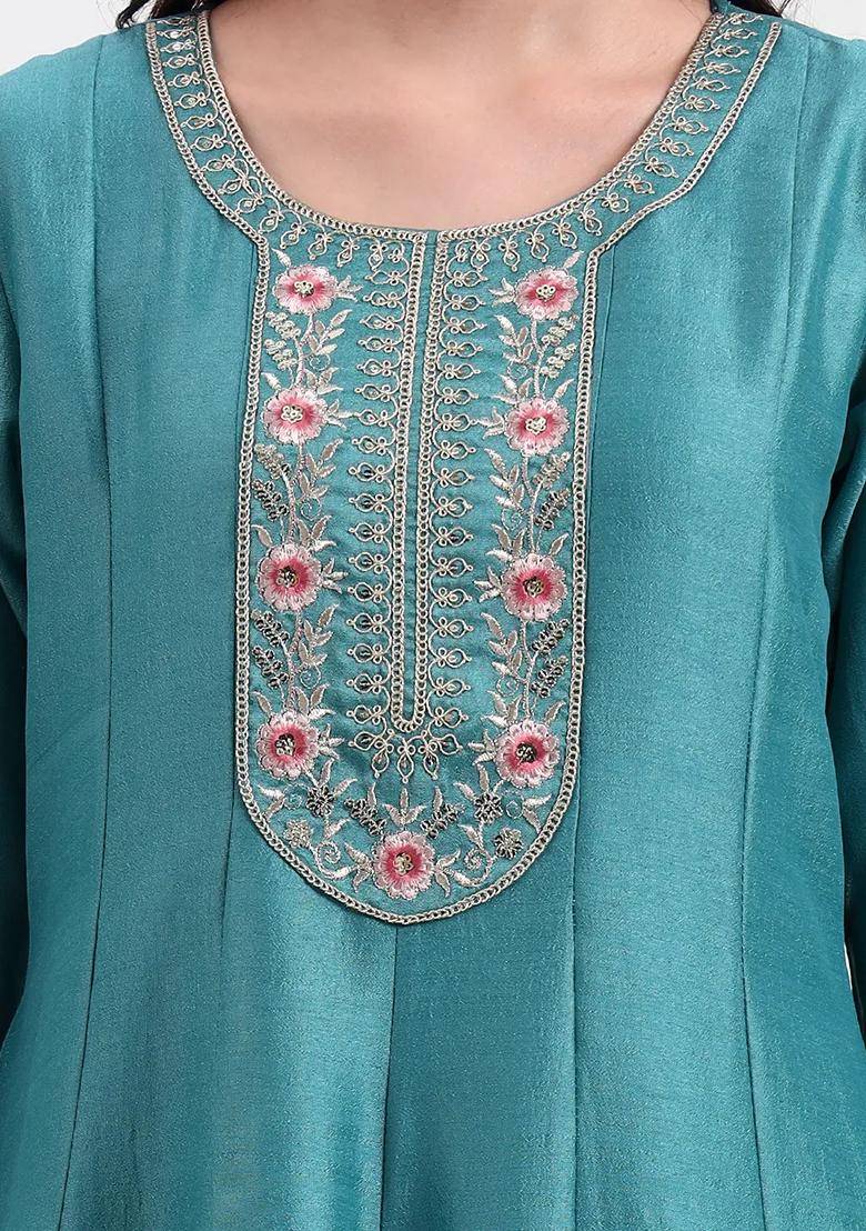 Turquoise Blue Motif Silk Blend Kurta Dupatta Set - Indya