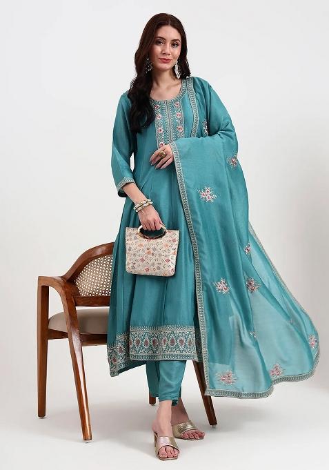 Turquoise Blue Motif Silk Blend Kurta Dupatta Set