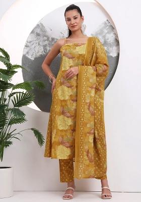 Mustard Printed Cotton Kurta Dupatta Set
