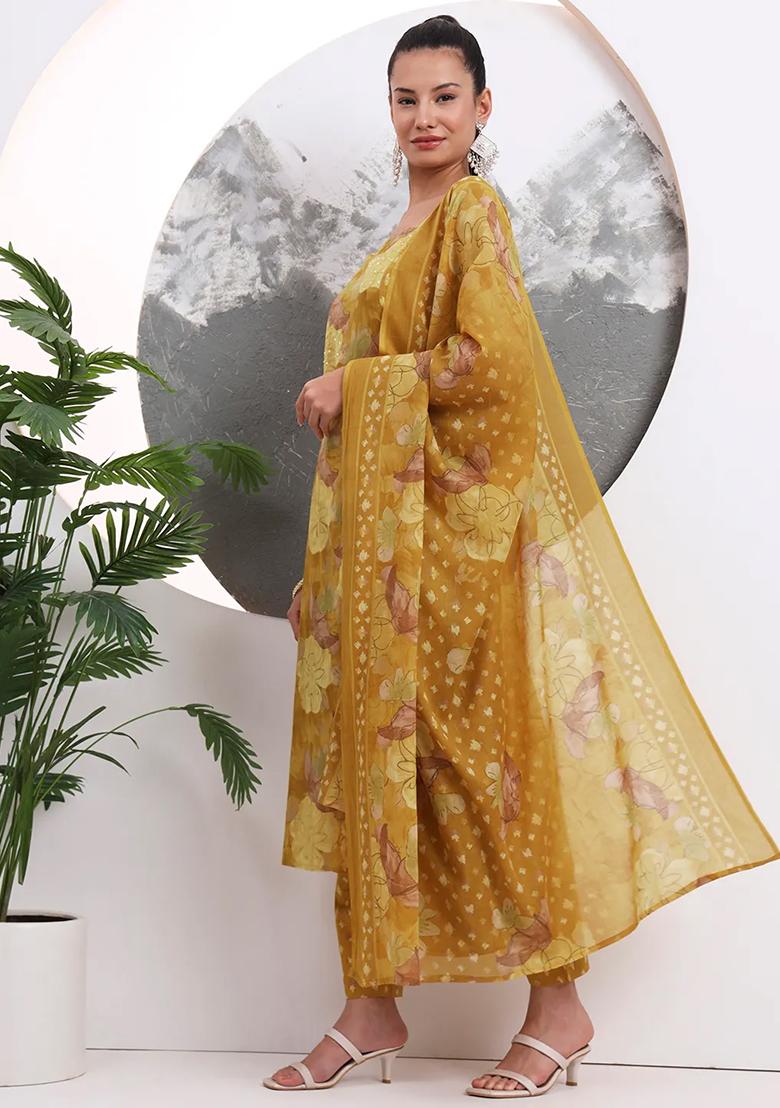 Mustard Printed Cotton Kurta Dupatta Set - Indya