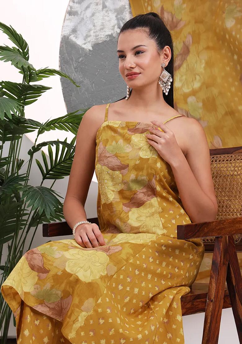 Mustard Printed Cotton Kurta Dupatta Set - Indya