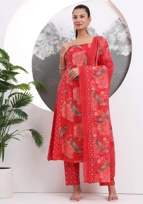 Red Printed Cotton Kurta Dupatta Set