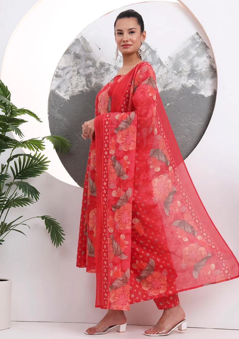 Red Printed Cotton Kurta Dupatta Set - Indya