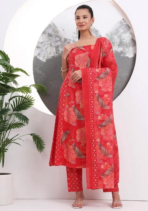 Red Printed Cotton Kurta Dupatta Set