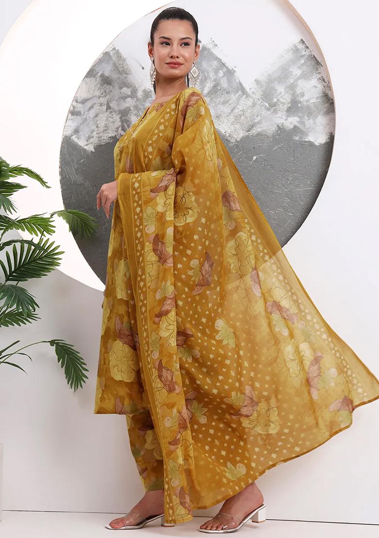 Mustard Printed Cotton Kurta Dupatta Set - Indya