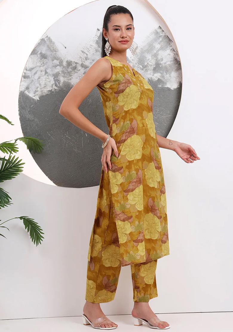 Mustard Printed Cotton Kurta Dupatta Set - Indya