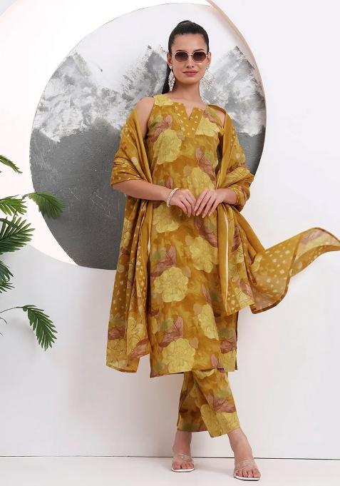 Mustard Printed Cotton Kurta Dupatta Set