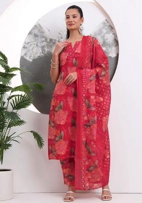 Red Printed Cotton Kurta Dupatta Set