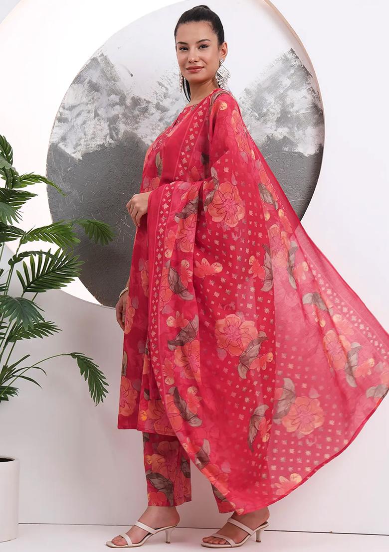 Red Printed Cotton Kurta Dupatta Set - Indya