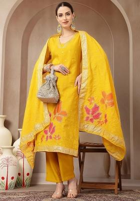 Mustard Motif Chanderi Silk Kurta Dupatta Set