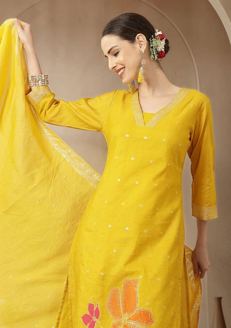 Mustard Motif Chanderi Silk Kurta Dupatta Set - Indya