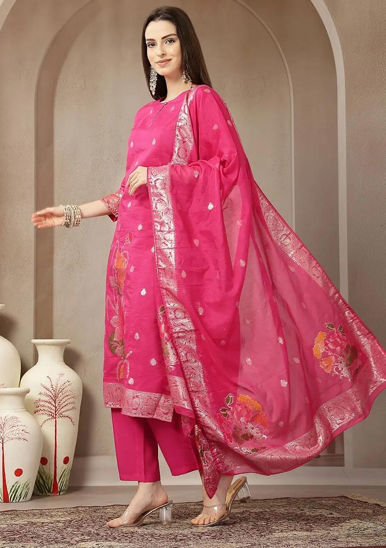 Pink Printed Chanderi Silk Kurta Dupatta Set - Indya