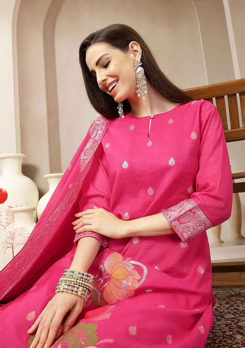 Pink Printed Chanderi Silk Kurta Dupatta Set - Indya