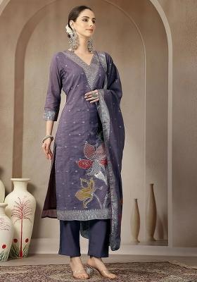 Purple Printed Chanderi Silk Kurta Dupatta Set