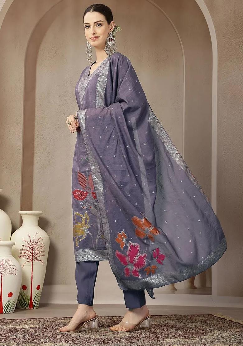 Purple Printed Chanderi Silk Kurta Dupatta Set - Indya
