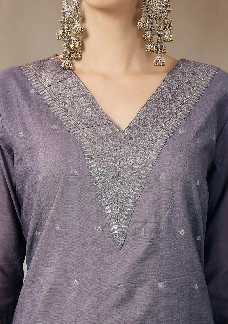 Purple Printed Chanderi Silk Kurta Dupatta Set - Indya