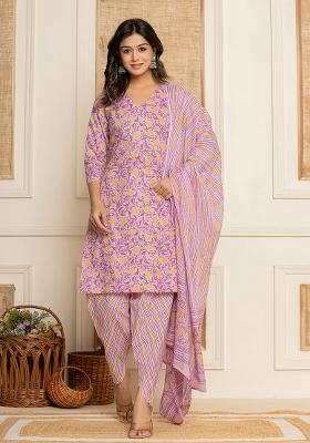 Lavender Printed Cotton Kurta Dupatta Set