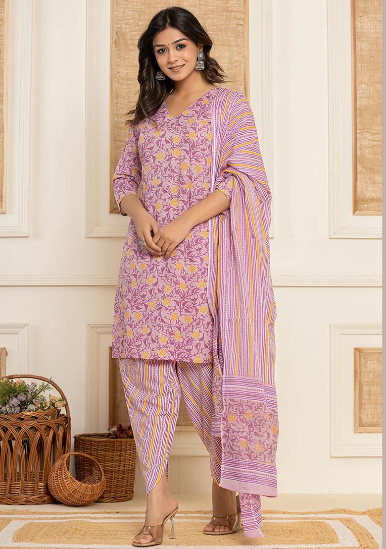 Lavender Printed Cotton Kurta Dupatta Set - Indya