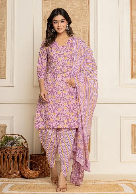 Lavender Printed Cotton Kurta Dupatta Set