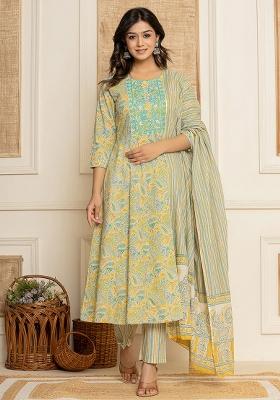 Mustard Motif Cotton Kurta Dupatta Set