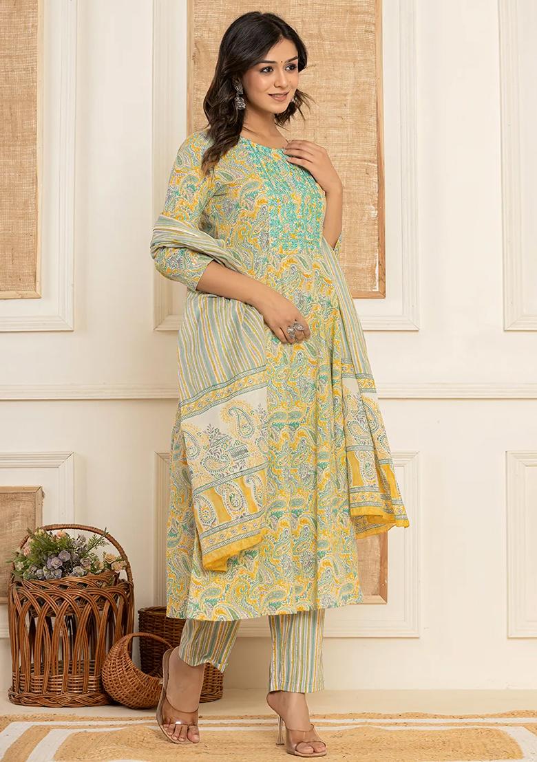 Mustard Motif Cotton Kurta Dupatta Set - Indya