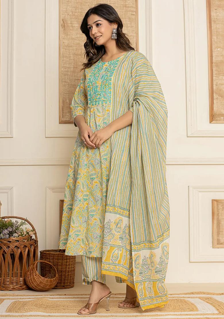 Mustard Motif Cotton Kurta Dupatta Set - Indya